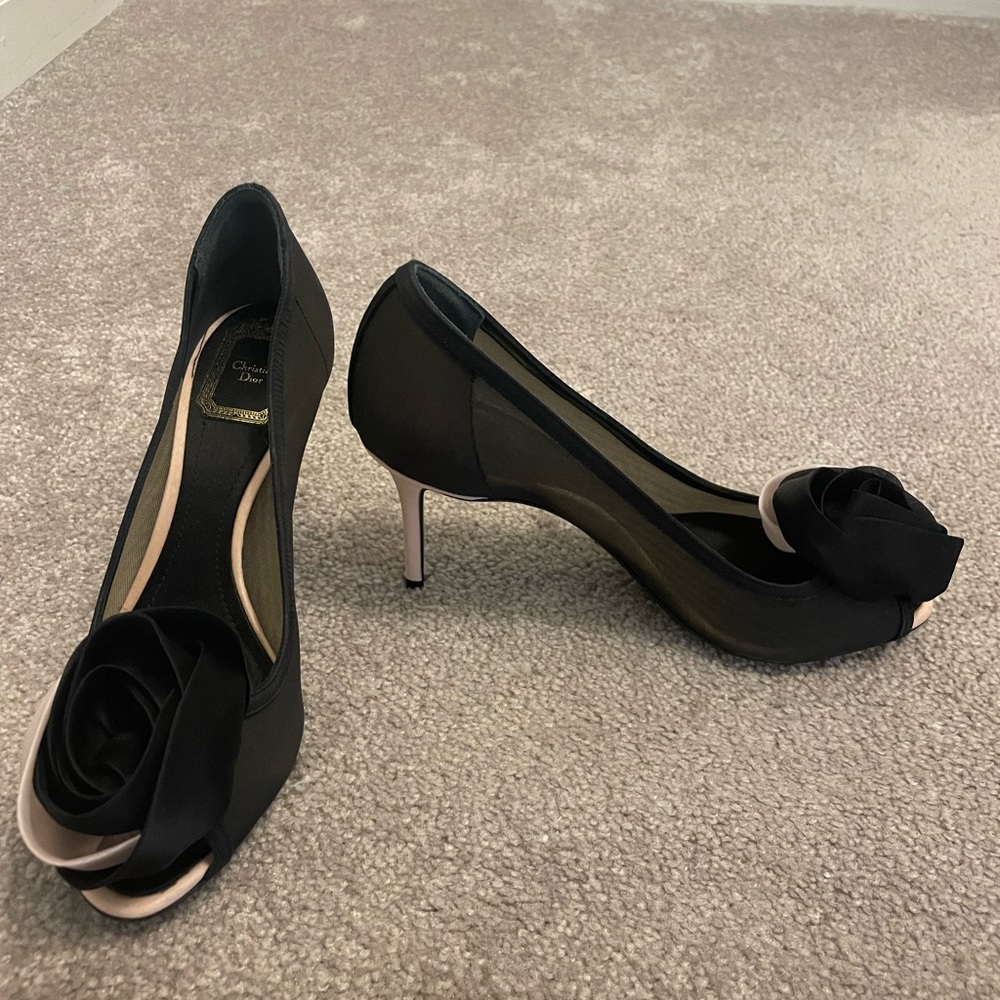 Dior Black/Pink Mesh Garden Flower Detail Peep Toe Pumps Size 37.5